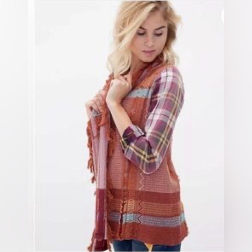 Gimmicks Patchwork Fringe Open Front Sweater Fringe flannel Sleeves Size Large - Picture 4 of 8